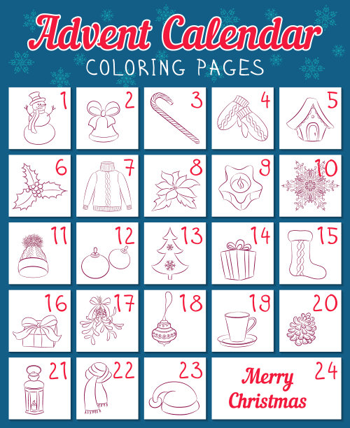 圣诞着色页的降临历。喜庆的冬天和新年的象征。手绘的风格。向量图片下载