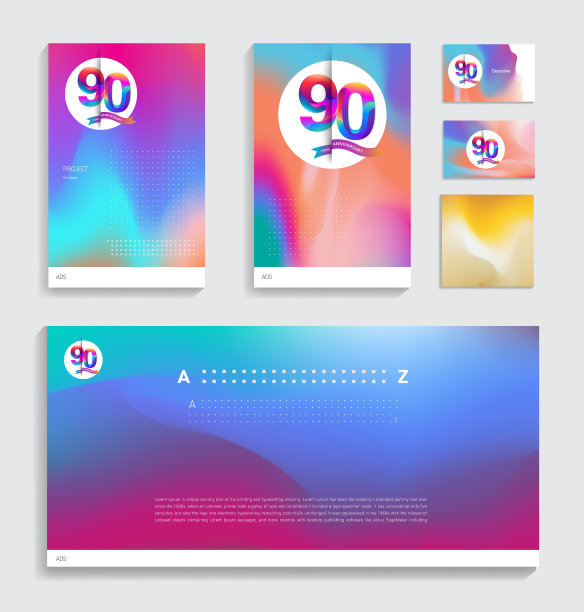 90周年与流体颜色封面套装。适合封面，海报，海报，横幅，背景，传单设计图片下载