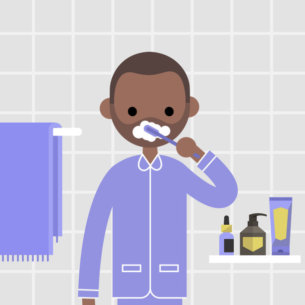 口腔护理。日常生活。小角色在浴室里对着镜子刷牙。国内的生活。早上卫生。平面矢量插图，剪辑艺术。浴室内。健康的习惯。图片下载
