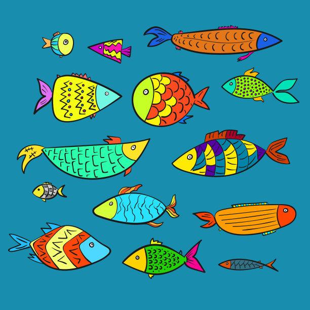 一套彩色卡通儿童矢量轮廓鱼图片下载