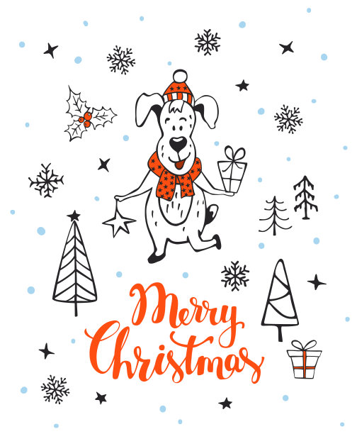 手绘圣诞快乐新年2018年冬季贺卡背景与可爱的卡通狗与礼盒图片下载