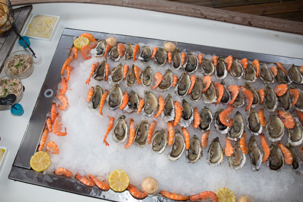 装饰精美的宴会餐桌，牡蛎，贻贝和海鲜加冰和柠檬在公司的圣诞生日聚会或婚礼庆祝活动图片下载