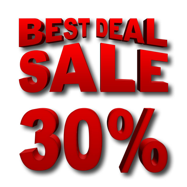 股票插图-红色30%的折扣，红色最好的交易，红色销售，粗体红色文本，孤立的白色背景，3D I图片下载