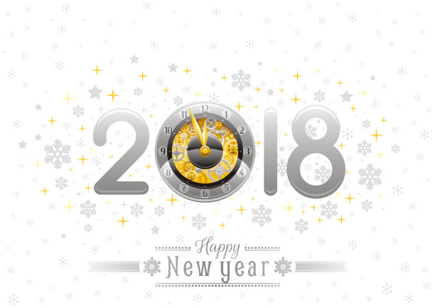 2018新年银色金色图标，时钟齿轮矢量海报，节日抽象设计模板，复古图案文字banner，白色背景图片下载