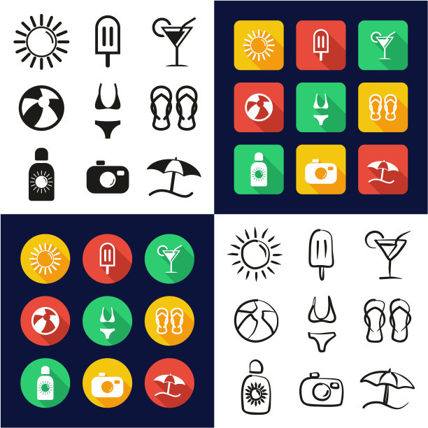 夏季所有在一个图标黑白颜色平面设计徒手集图片下载