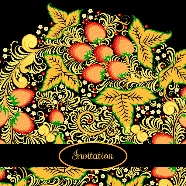 装饰卡片与传统的俄罗斯民族绘画元素在khokhroma风格-花，浆果和叶子。漂亮的细节装饰，设计元素，矢量图形。模板横幅，海报，印刷品图片下载