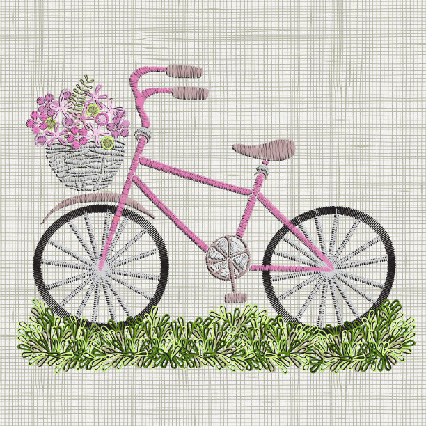 自行车刺绣与粉红色的花在篮子和绿色的草。矢量刺绣设计理念，为纺织饰品，时尚，面料图案。麻布纹理。箍艺术图片下载