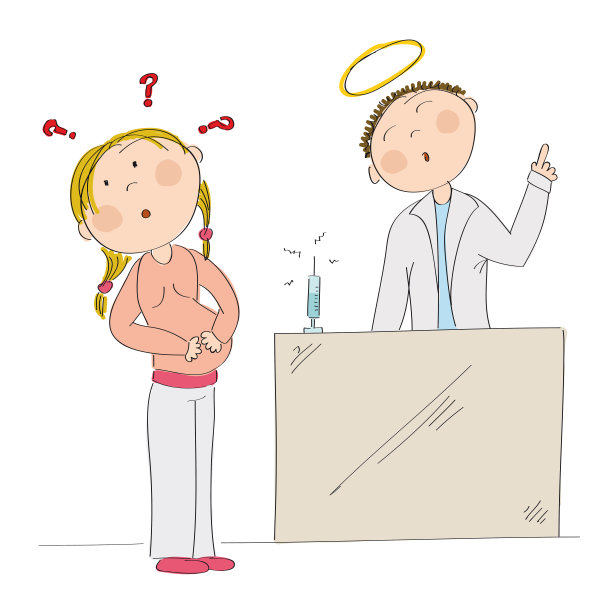 困惑的年轻孕妇在怀孕时考虑接种疫苗。医生站在被描绘成圣人的人后面劝说她接种疫苗。原始手绘插图。图片下载