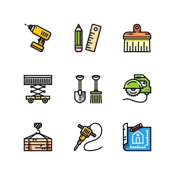 建筑，建筑和家庭维修工具简单轮廓彩色图标为网页和移动设计集4图片下载