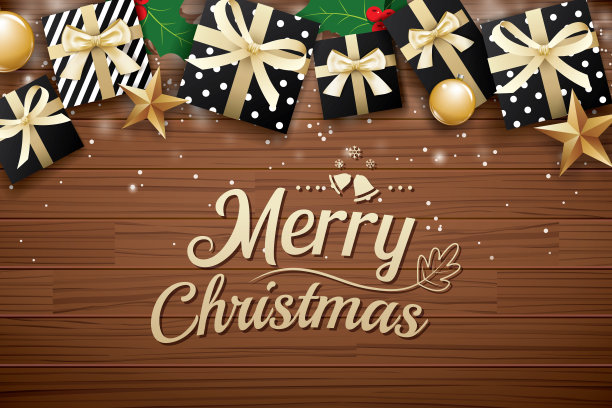 圣诞快乐海报背景设计模板。印刷术和礼品盒上的棕色木制。图片下载