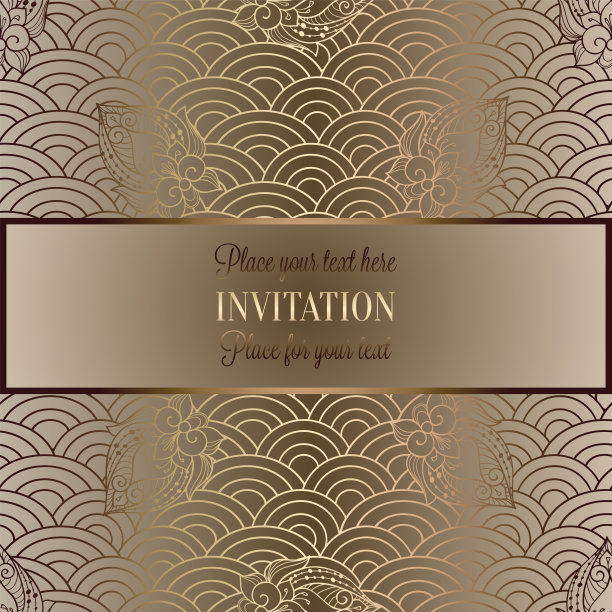 矢量抽象波浪邀请卡与几何鱼鳞布局。丰富的金色和米色花饰背景。扇形风格化海浪。带有装饰性花朵的鱼鳞图片下载