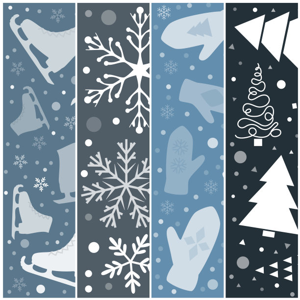 一套新年背景-花样滑冰，雪花，手套和圣诞树素材图片