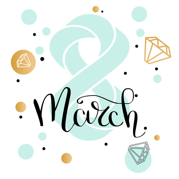 3月8日三八妇女节贺卡上的几何形状的钻石。书法用珠笔题字。低聚风格珠宝形状在金色闪光的背景。矢量图图片下载