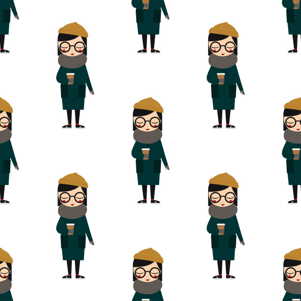 可爱的女孩在温暖的衣服与咖啡无缝图案的白色背景。图片下载