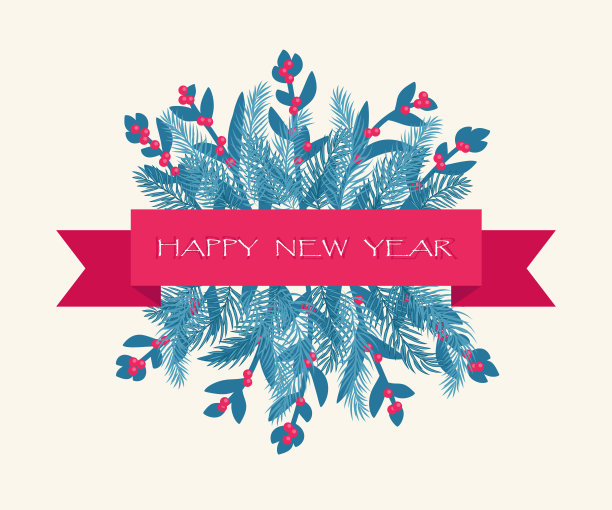 圣诞卡片与蓝色的冷杉树和红色的浆果。节日的信。红丝带和文字。矢量插图。每股收益10。图片下载