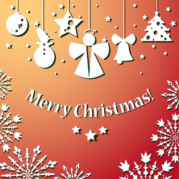 一套可爱的纸形状与影子圣诞装饰:天使，圣诞树，球，钟，星星图片下载