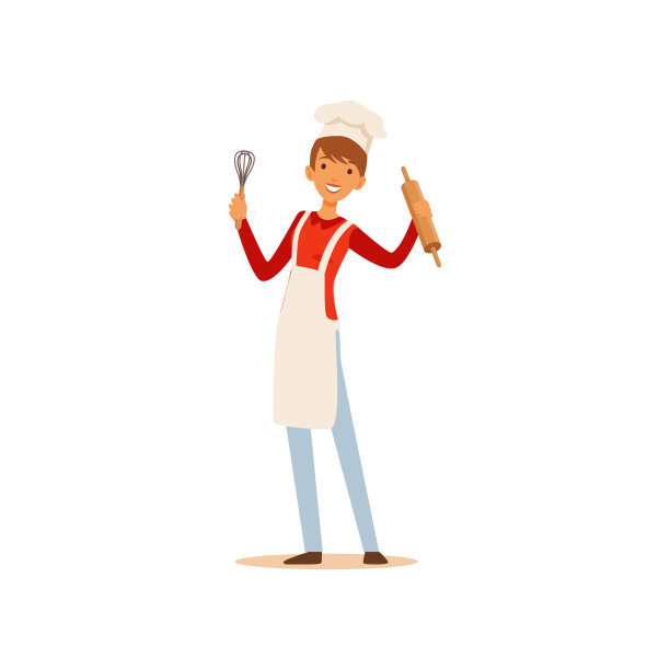 年轻女子穿着白色围裙和厨师帽站在那里，手里拿着搅拌器和擀面杖，家庭主妇女孩在厨房里烹饪食物平面矢量插图图片下载