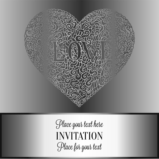 浪漫古色古香的背景，奢华的黑色和金属银色的复古卡片，维多利亚时代的旗帜，心形涂鸦制成的漩涡墙纸装饰，邀请卡，巴洛克风格的小册子与文字的爱图片下载
