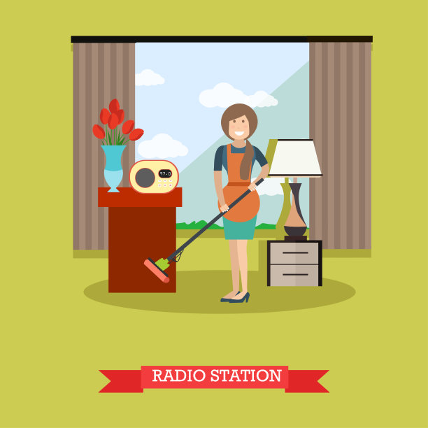 矢量平面插图清洁妇女听收音机图片下载