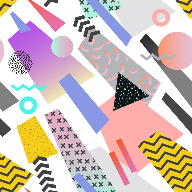 复古几何无缝图案。抽象形状背景。80年代90年代风格的纺织品构成素材图片