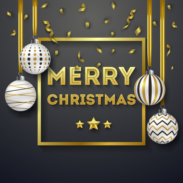 圣诞背景与闪光的金色丝带和彩色华丽的球。圣诞贺卡矢量插图图片下载
