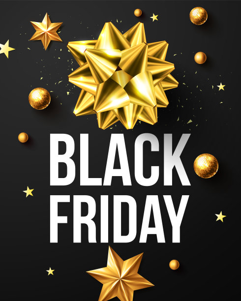 黑色星期五促销海报与金色丝带和圣诞节装饰元素的零售，购物或黑色星期五促销以金色和黑色风格。矢量图图片下载