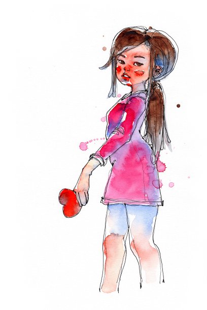 水墨水彩画女孩与红心符号，传统艺术品扫描素材图片