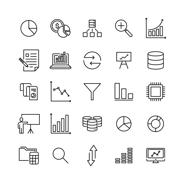 一套优质的大数据图标在线条风格。图片下载