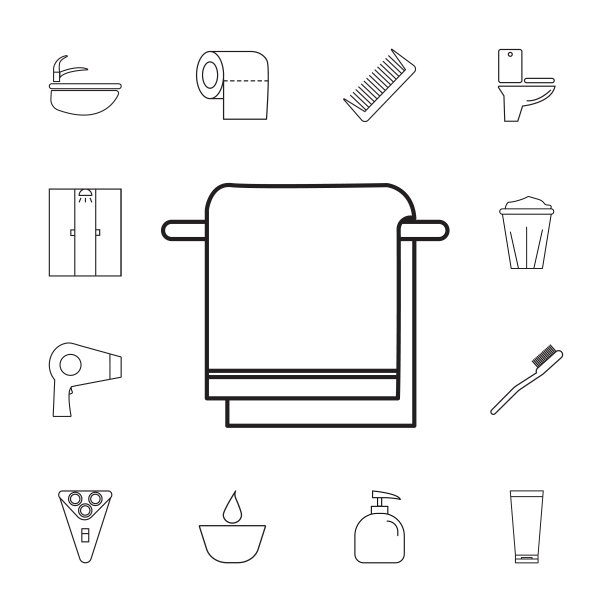 毛巾挂在衣架图标。一组浴室图标。标志，轮廓符号的收集，简单的细线图标网站，网页设计，移动应用程序，信息图形图片下载