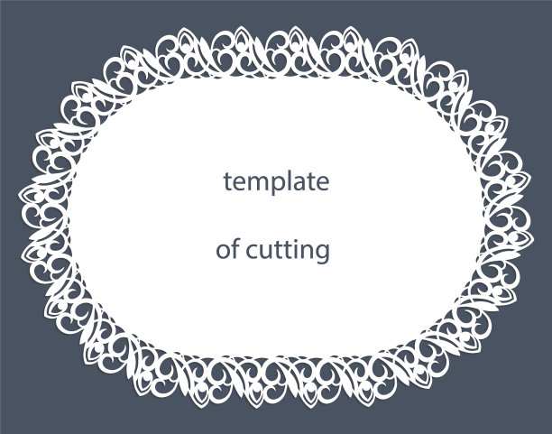 贺卡的椭圆形边缘上有装饰边框，纸垫下的蛋糕，模板为切割，婚礼请柬，装饰板是激光切割，矢量插图。图片下载