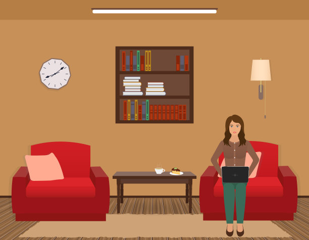 客厅内部与女人工作的笔记本电脑，家具，书架，时钟。人们在家里。图片下载