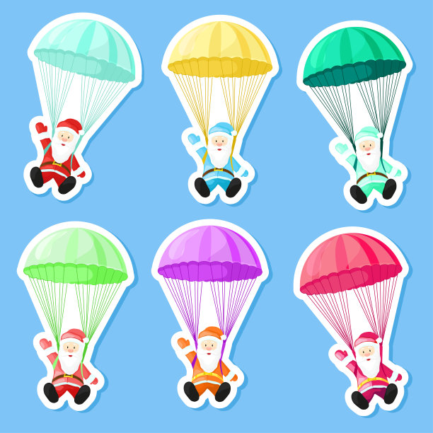 给圣诞老人准备降落伞。矢量插图卡通风格。圣诞老人被孤立在白色背景上。圣诞节的照片。图片下载