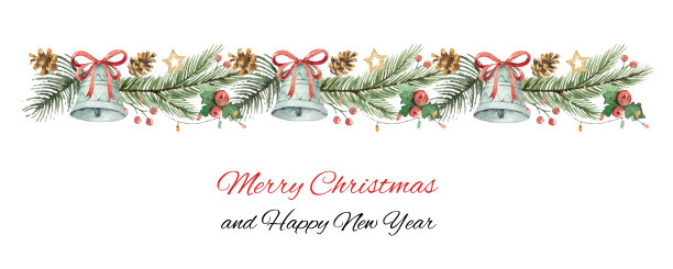 水彩向量圣诞旗帜与冷杉树枝和铃铛。素材图片
