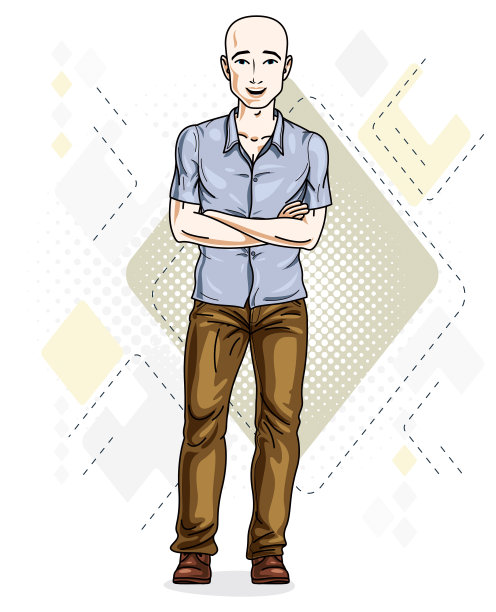 快乐的秃头青年站着。矢量人物穿着衣服图片下载