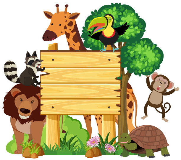 公园里有可爱动物的木制标志图片下载