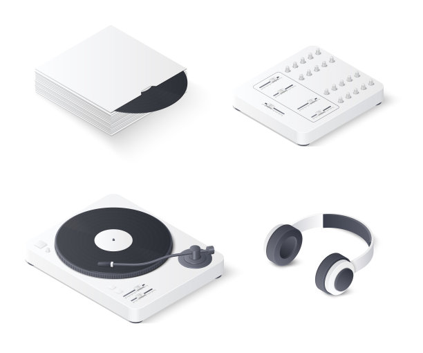 3D DJ混音转盘设置孤立的白色背景。等距矢量图图片下载