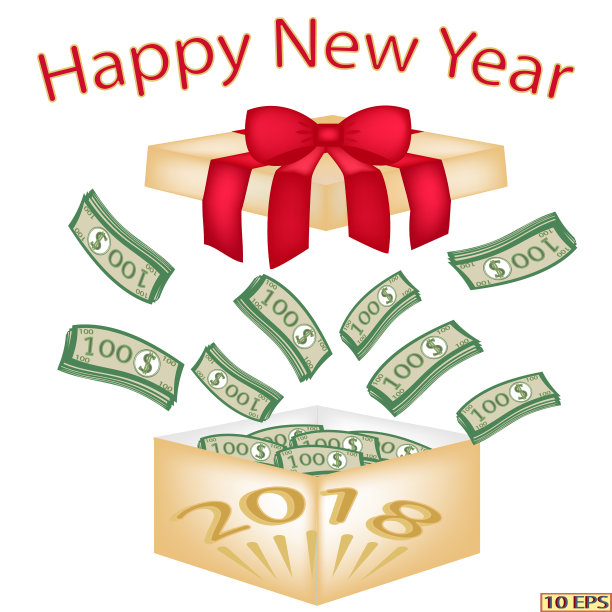 新年贺卡。圣诞节。礼品盒里的百元大钞。一份新年礼物。祝财运亨通。图片下载