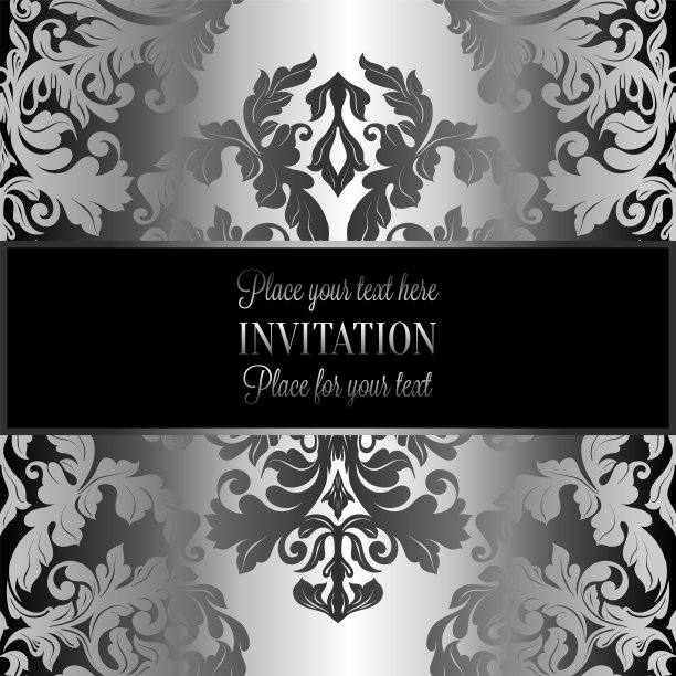 巴洛克古色古香的背景，奢华的灰色，黑色和金属银色的复古相框，维多利亚时代的旗帜，锦缎花墙纸装饰品，邀请卡，巴洛克风格小册子，时尚图案图片下载