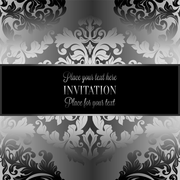 巴洛克古色古香的背景，奢华的灰色，黑色和金属银色的复古相框，维多利亚时代的旗帜，锦缎花墙纸装饰品，邀请卡，巴洛克风格小册子，时尚图案图片下载