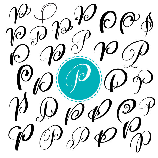 Set letter P. Hand drawn vector flourish calligraphy。脚本的字体。用墨水写的孤立的信件。手写的画笔风格。包装设计海报的手写字体图片下载