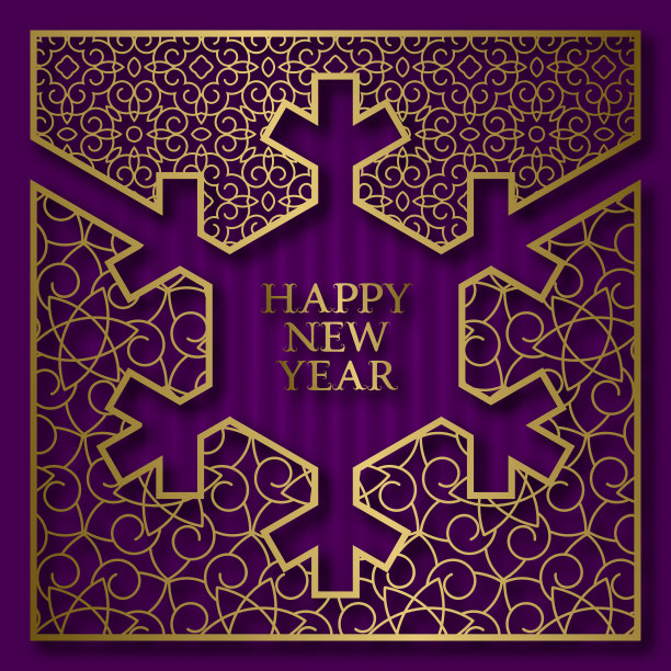 贺年贺卡封面背景与金色装饰框架在雪花形状。图片下载