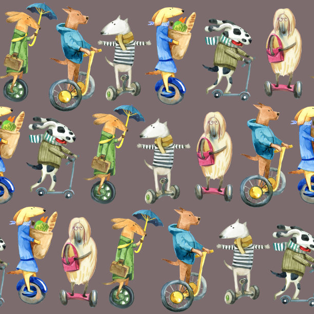 水彩插图。狗狗们骑着回旋滑板和操纵板行走。动物和运输的无缝模式。图片下载