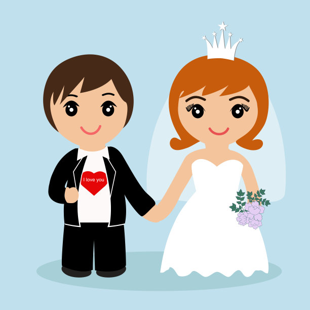 新娘和新郎。新婚夫妇蓝色背景的结婚卡片。图片下载