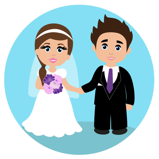 新婚夫妇蓝色背景的结婚卡片。新娘和新郎。图片下载