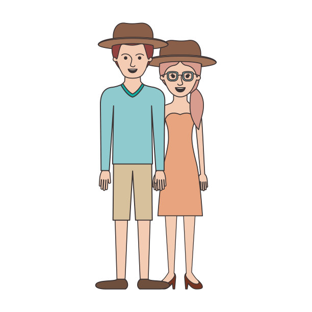 一对彩色的剪影和帽子，他与毛衣，短裤和鞋子，她与眼镜无肩带连衣裙和高跟鞋与辫子发型图片下载