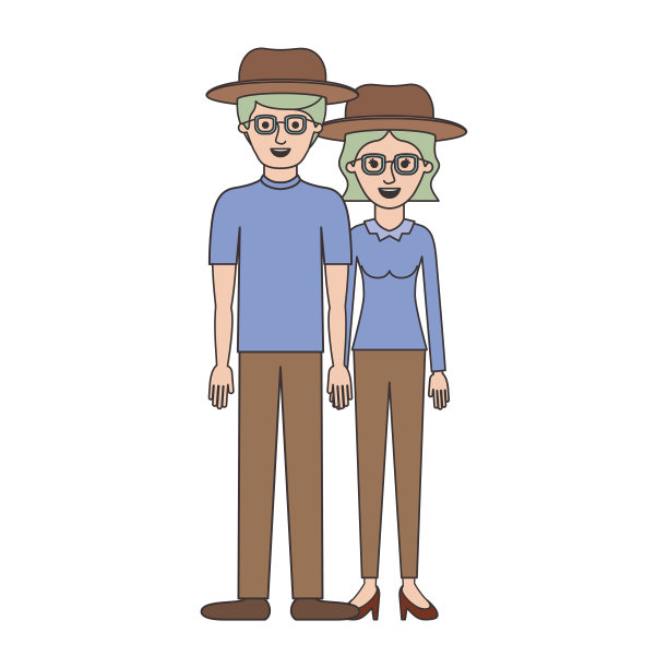 一对色彩丰富的剪影，帽子，眼镜和裤子，他穿t恤和鞋子，她穿衬衫和高跟鞋，留着短发图片下载