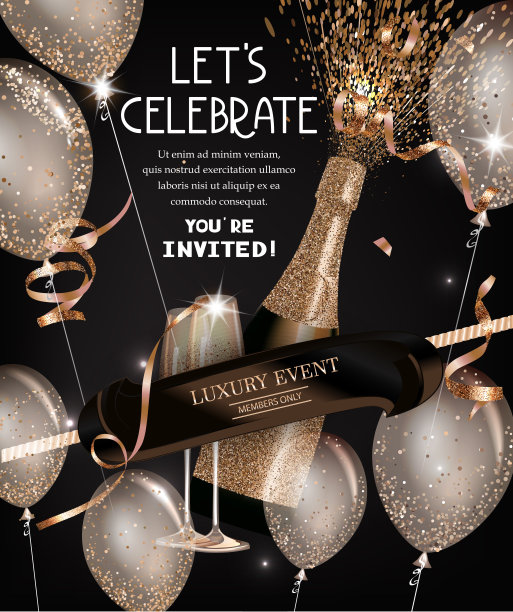 派对请帖上有一瓶香槟，玻璃杯，气球。矢量图图片下载