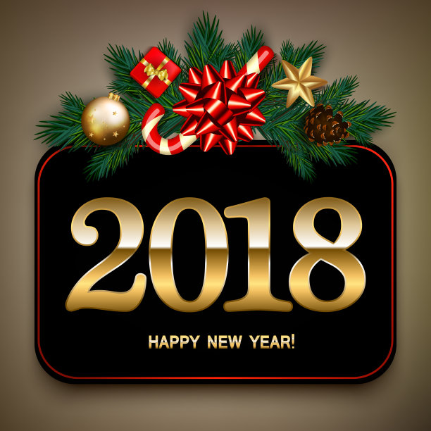 复古的新年横幅上挂着冷杉枝，缎子弓，糖果手杖，金色泡泡和星星。向量图片下载