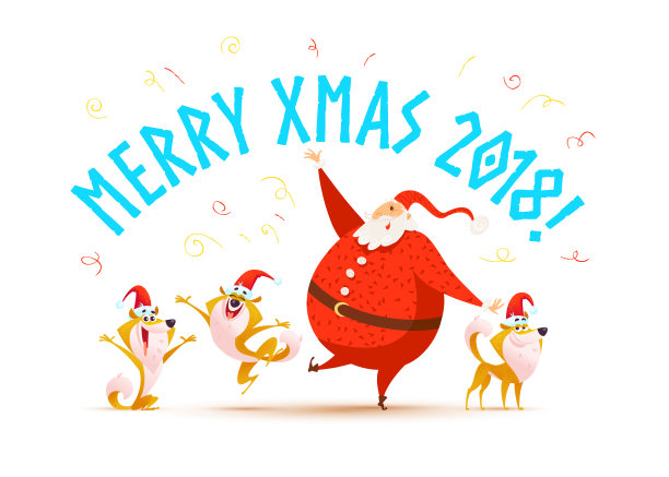 矢量平坦的圣诞快乐插图与圣诞老人和狗在圣诞帽孤立在白色的背景。图片下载