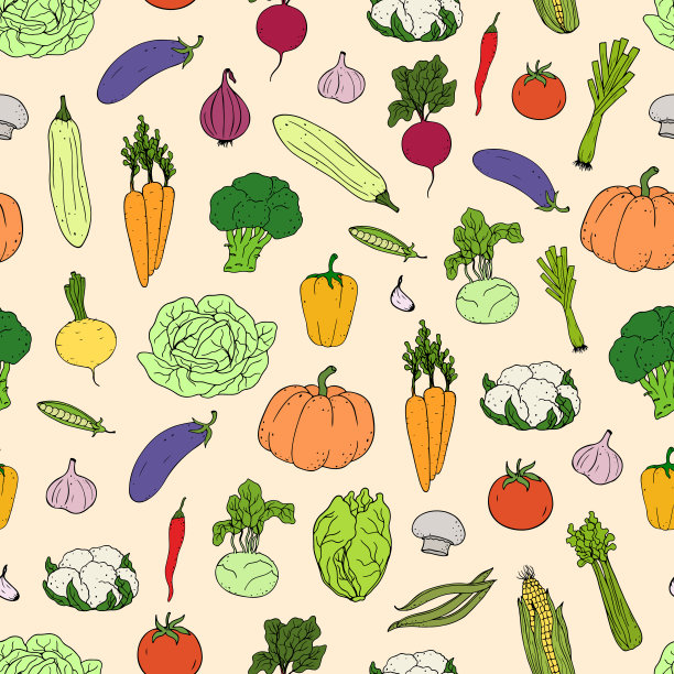 手绘蔬菜无缝图案。图片下载